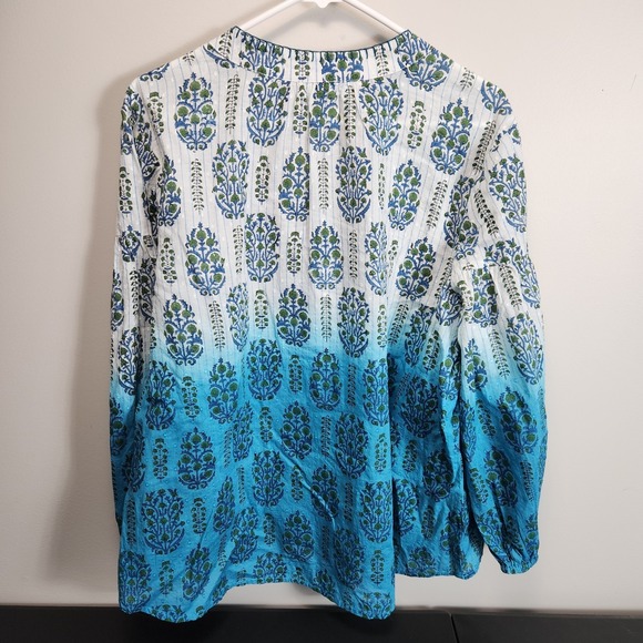 Sundance Olivia Ombre Top Size Large Blue White Peasant Tassels V Neck Floral - Picture 5 of 11